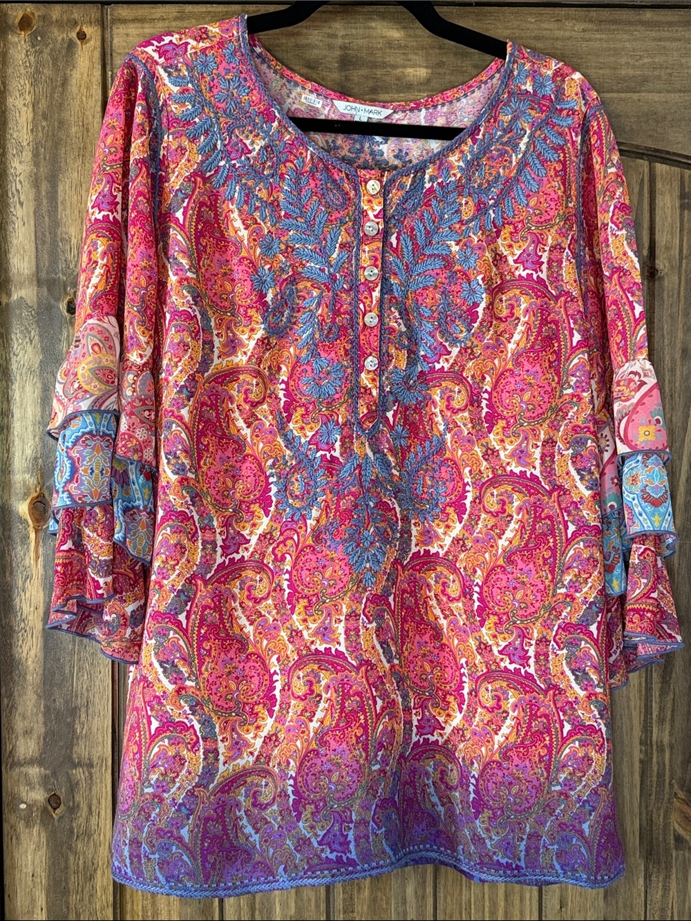 John Mark Pink and Blue Paisley Embroidered Henley Tunic